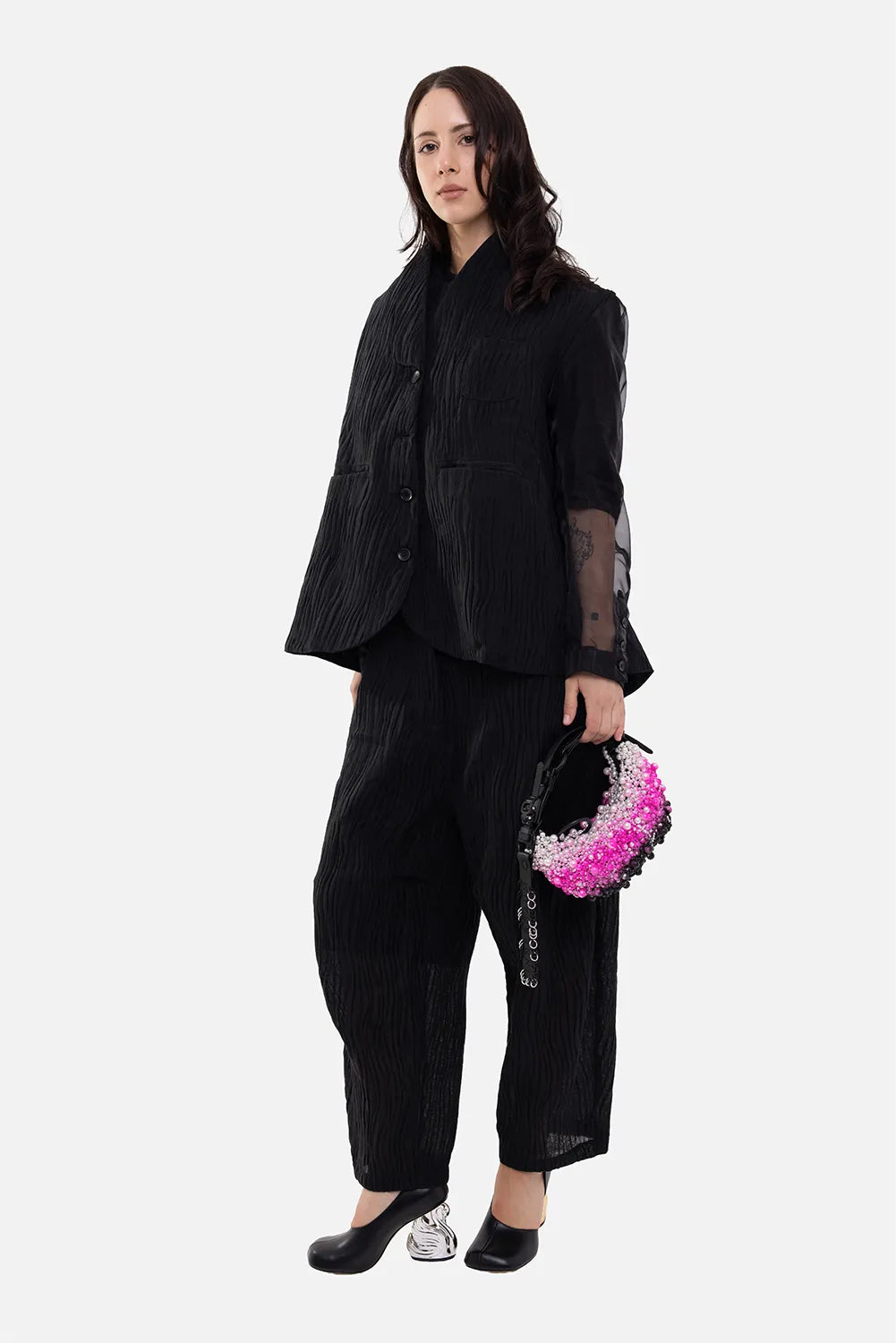 Marc Point Venezia women's jacket in black, on-model full length, cropped styling with balloon skirt