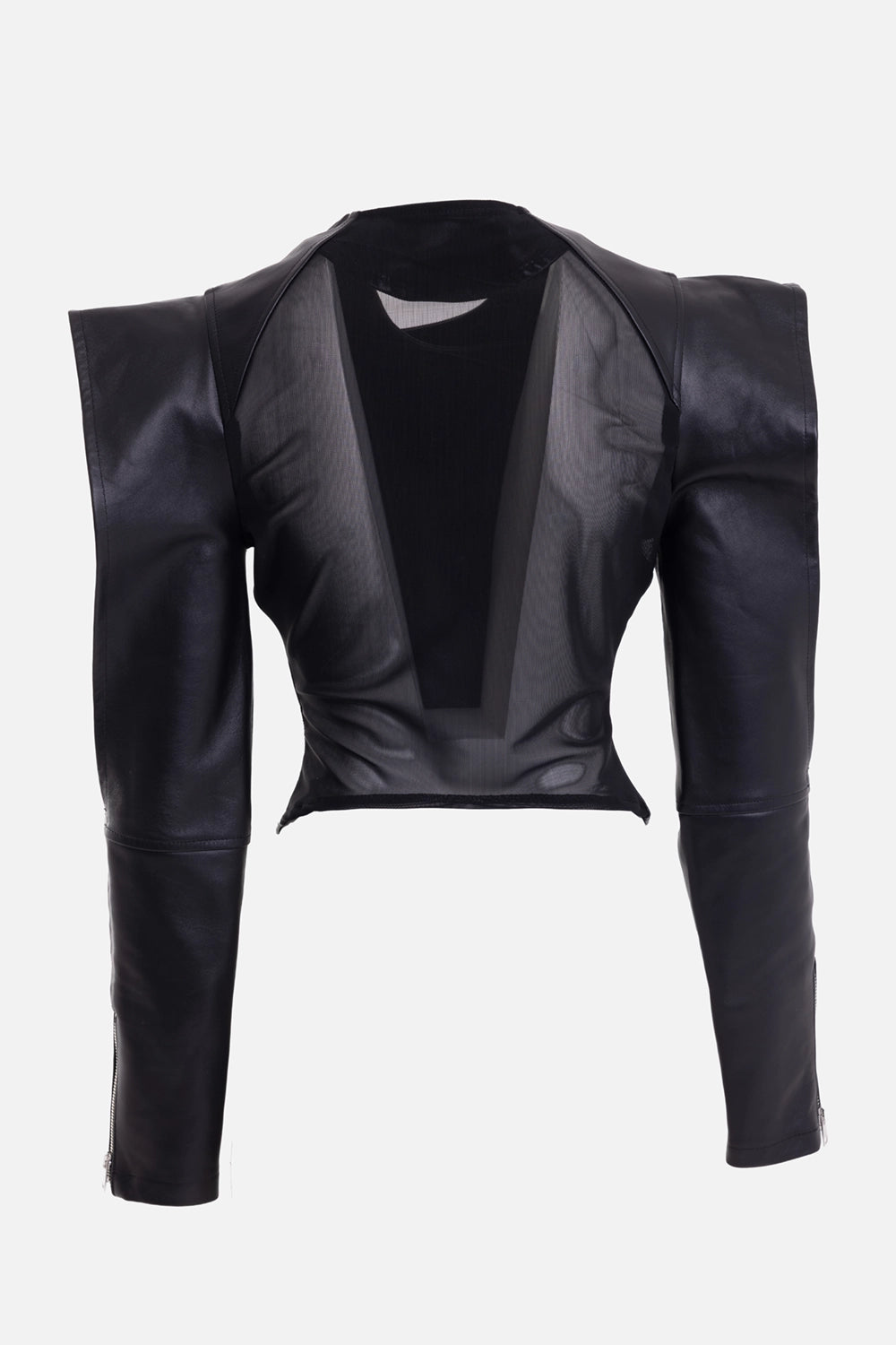 La Haine Inside Us women's jacket in black, on-model full-length view, cropped pointed hem and wide shoulders
