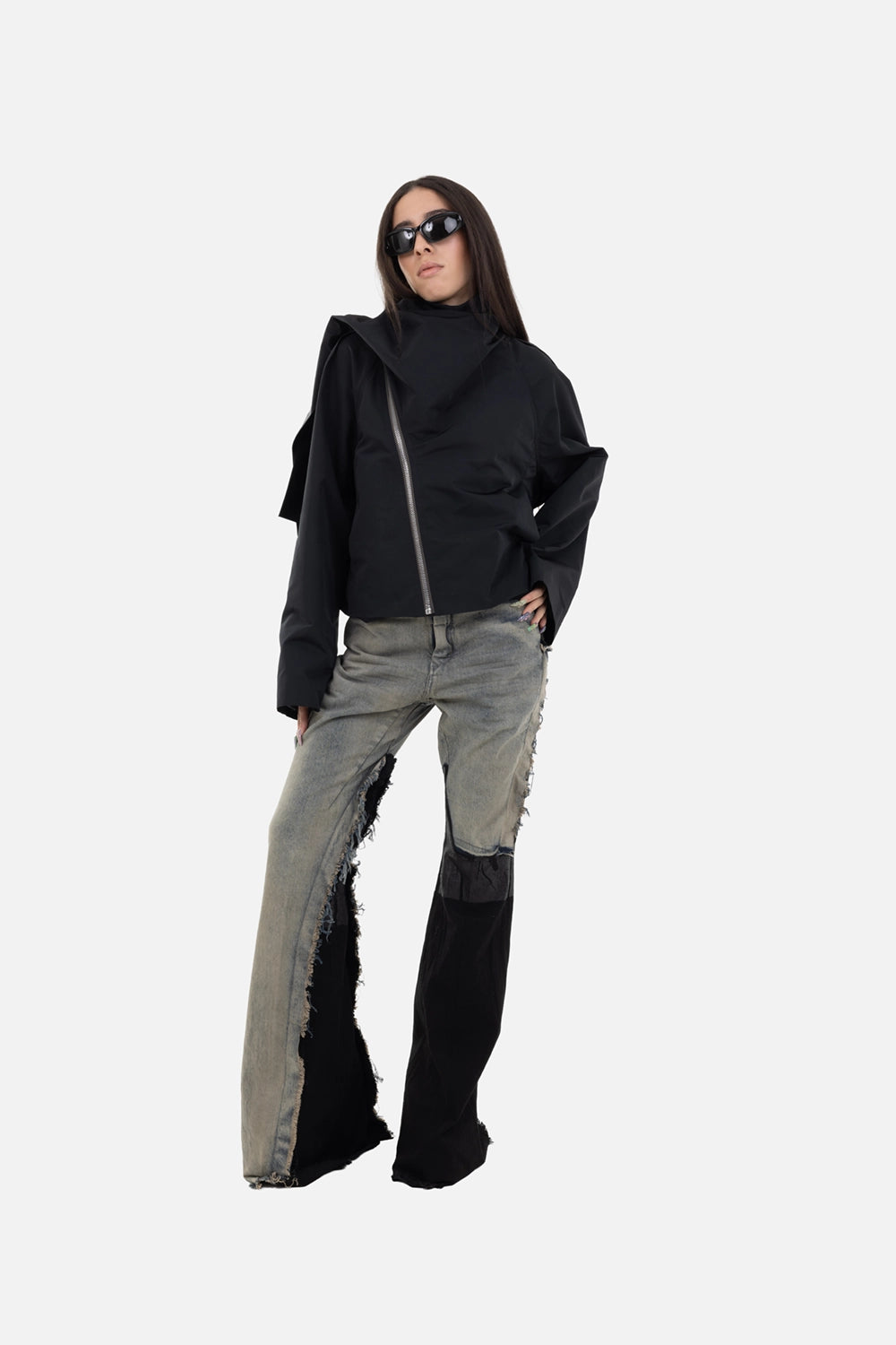 Rick Owens women’s jacket in black, on-model full-length, wide sleeves and scarf neckline draped across chest