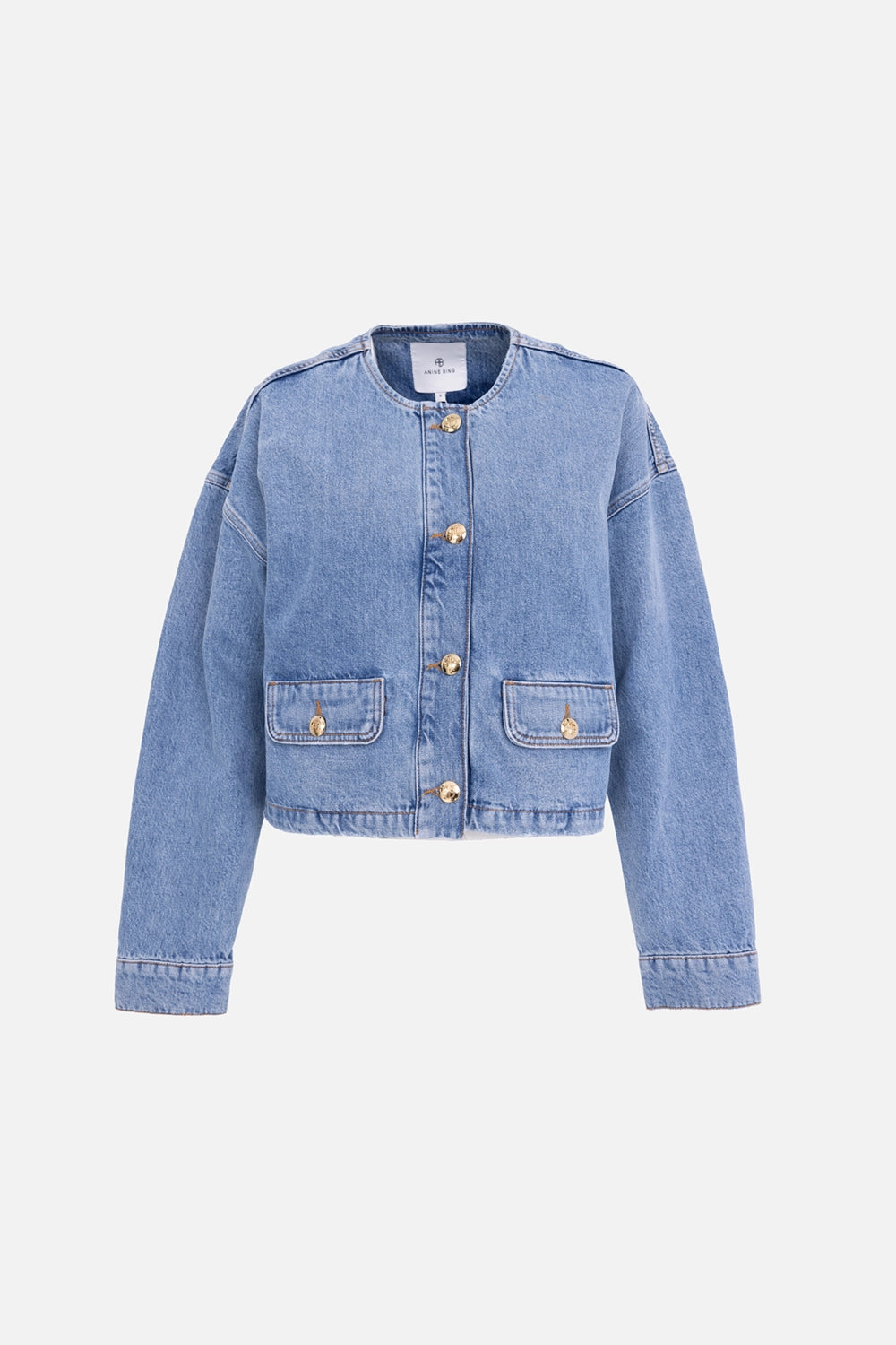 ANINE BING women's denim jacket in Caspian Blue, front view, gold monogram button closure and flap pockets