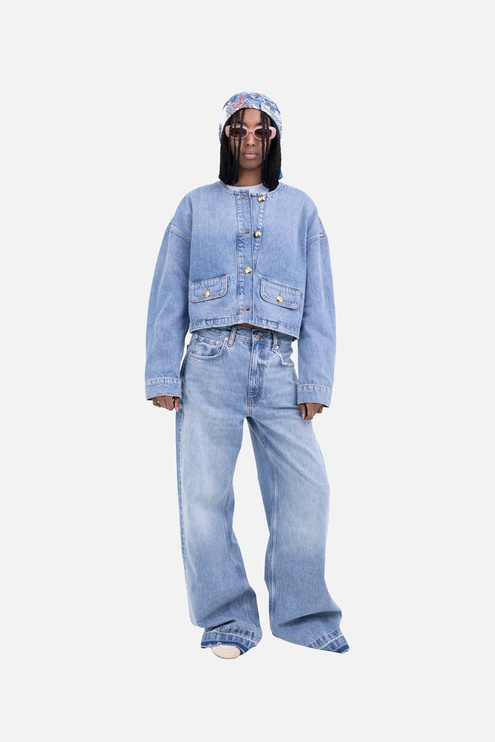 ANINE BING women's denim jacket in Caspian Blue, on-model full-length, cropped collarless silhouette