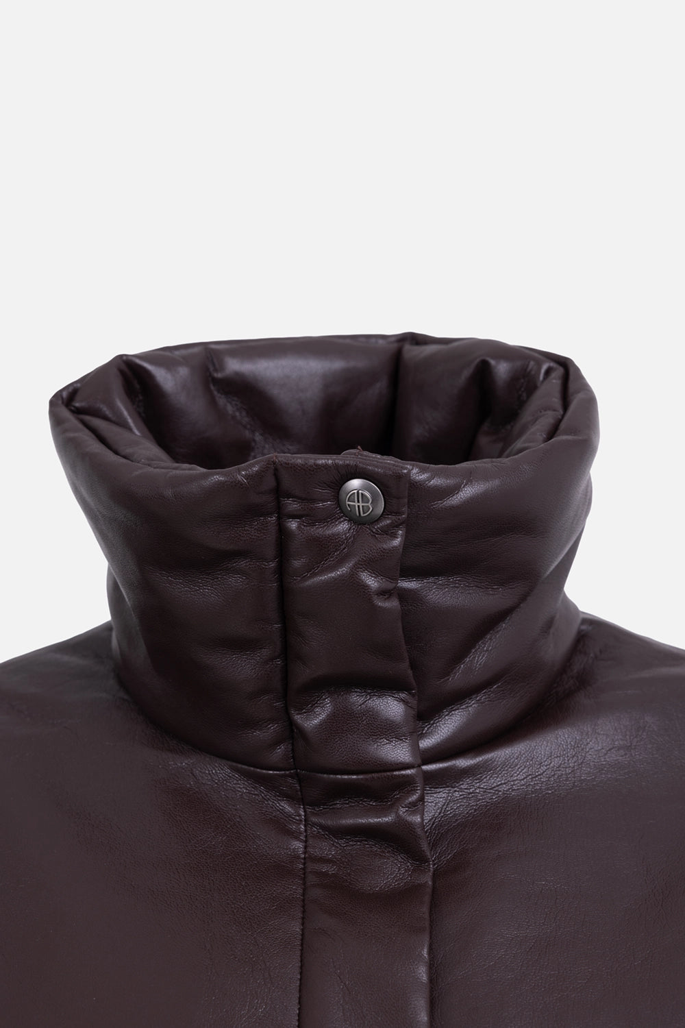 ANINE BING womens jacket in deep brown, collar detail, high-neck with snap tab and AB logo button