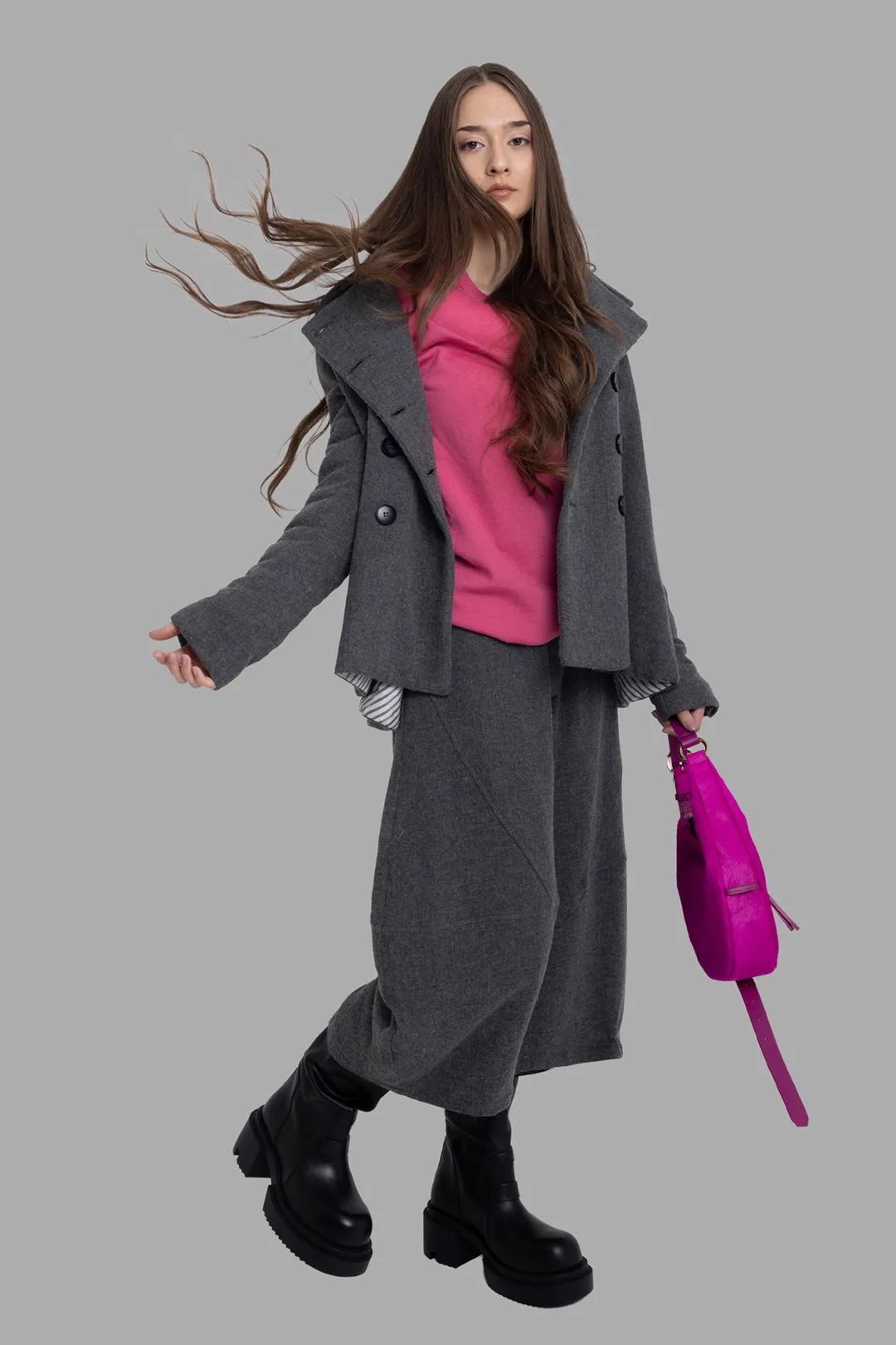 Marc Point women's jacket in grey, on-model full-length view, loose double-breasted cut with flared hem.