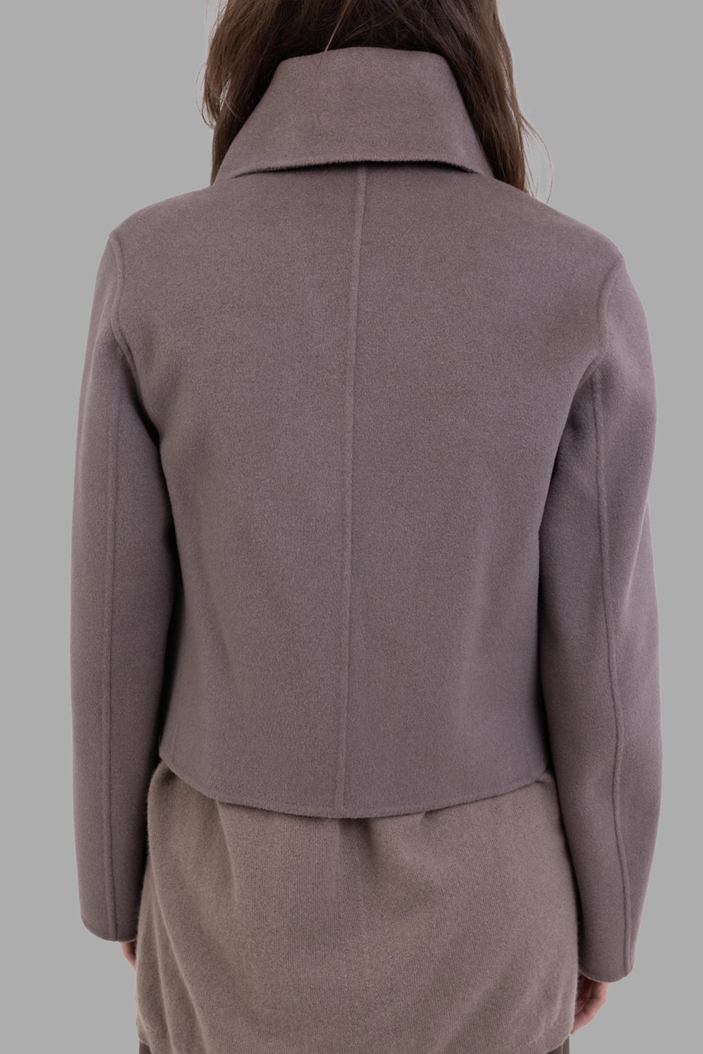 Joseph women’s jacket in mushroom, back view, cropped hem and clean back seam