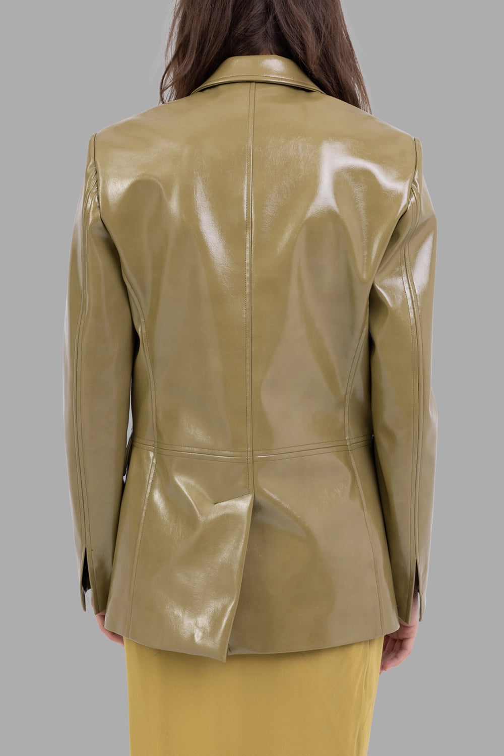 MSGM women's jacket in olive green, back view, center vent and paneled seams