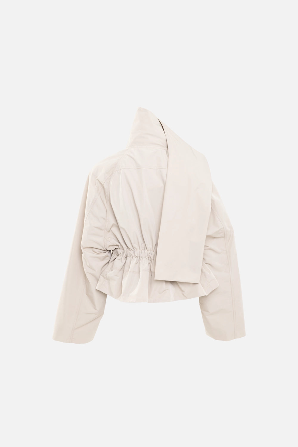 Rick Owens women’s jacket in sand, back view, gathered elastic waist with attached scarf drape