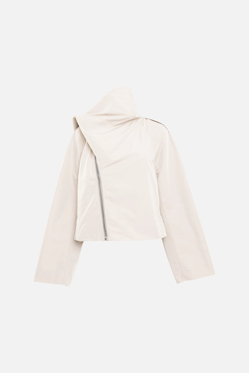 Rick Owens women’s jacket in sand, front view, off-centre zipper with oversized scarf collar panel
