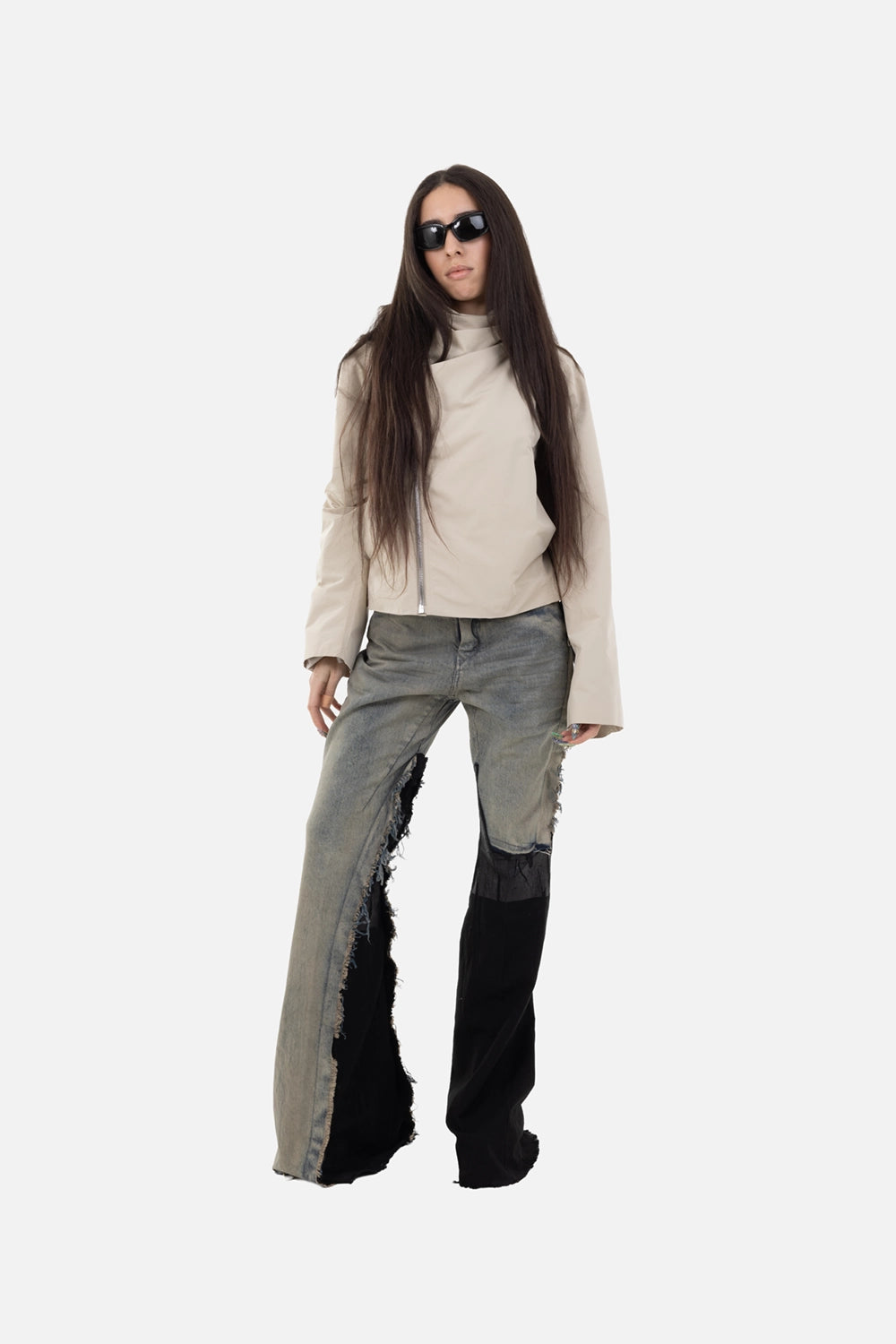 Rick Owens women’s jacket in sand, on-model full-length, asymmetric silver zip with long wide sleeves