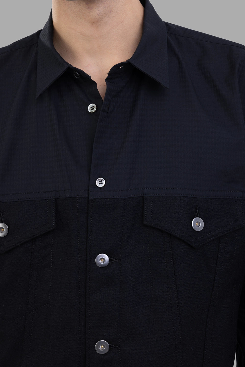 Comme des Garçons jacket-shirt in black, back view, straight hem