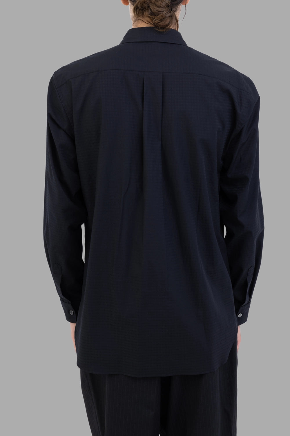 Comme des Garçons jacket-shirt in black, side view, layered wool/nylon panel