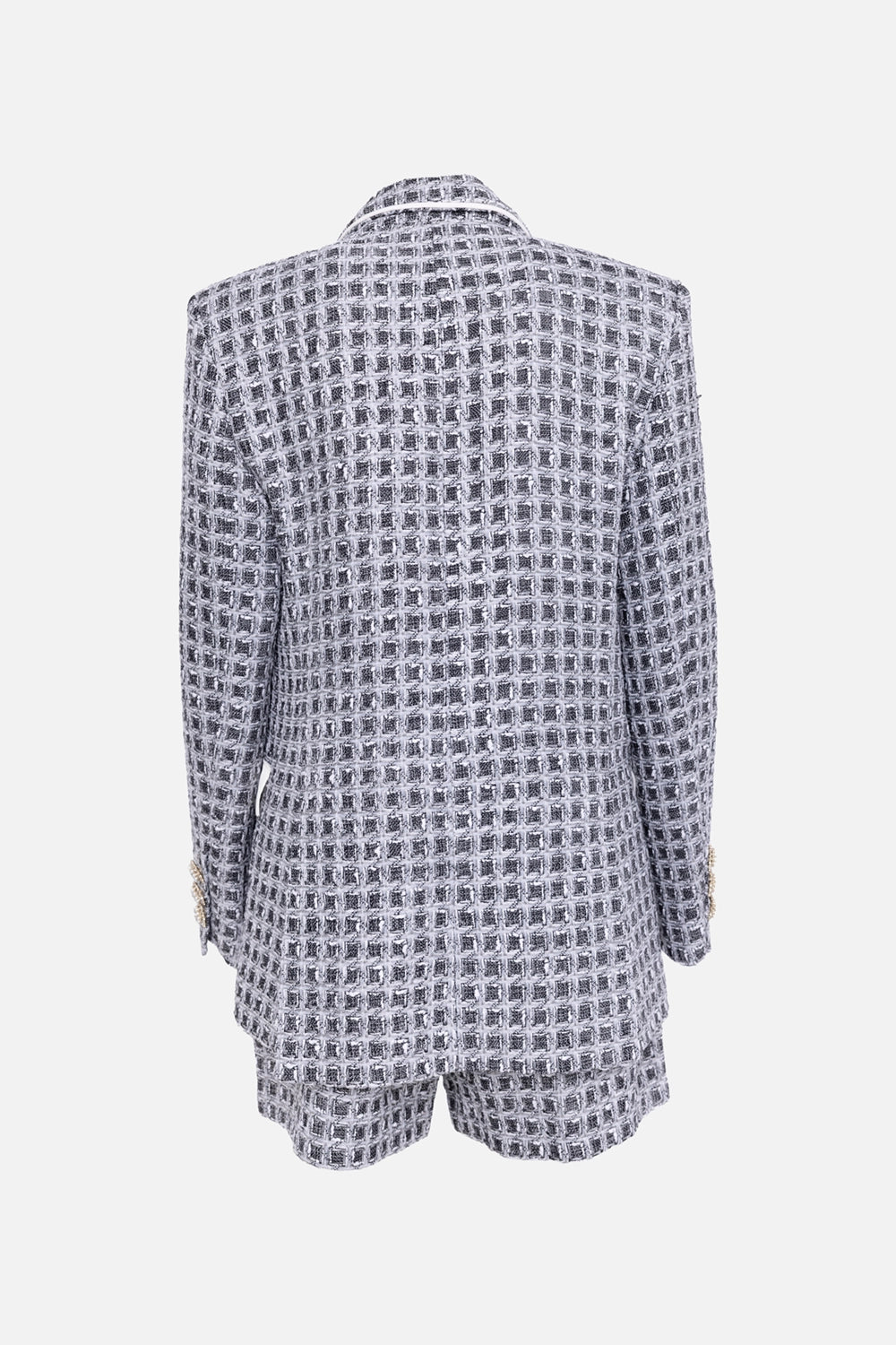 Pre-owned Ralph & Russo women’s jacket and shorts set in black/white, back view, textured tweed weave and longline cut