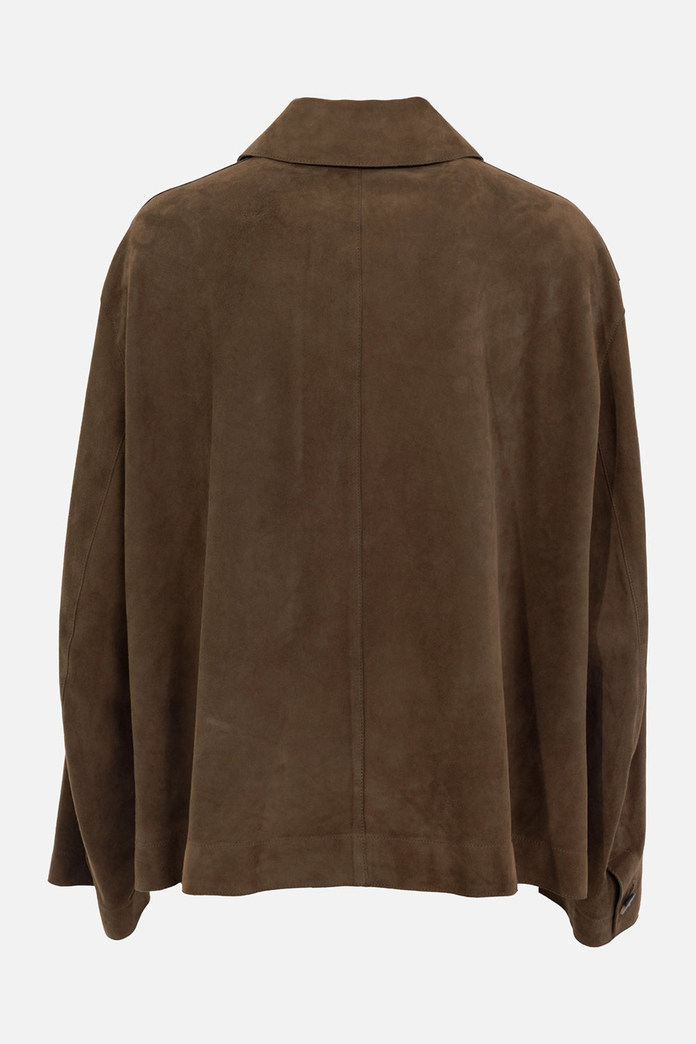 Joseph women's suede jacket in Taupe, back view, relaxed shape with central back seam