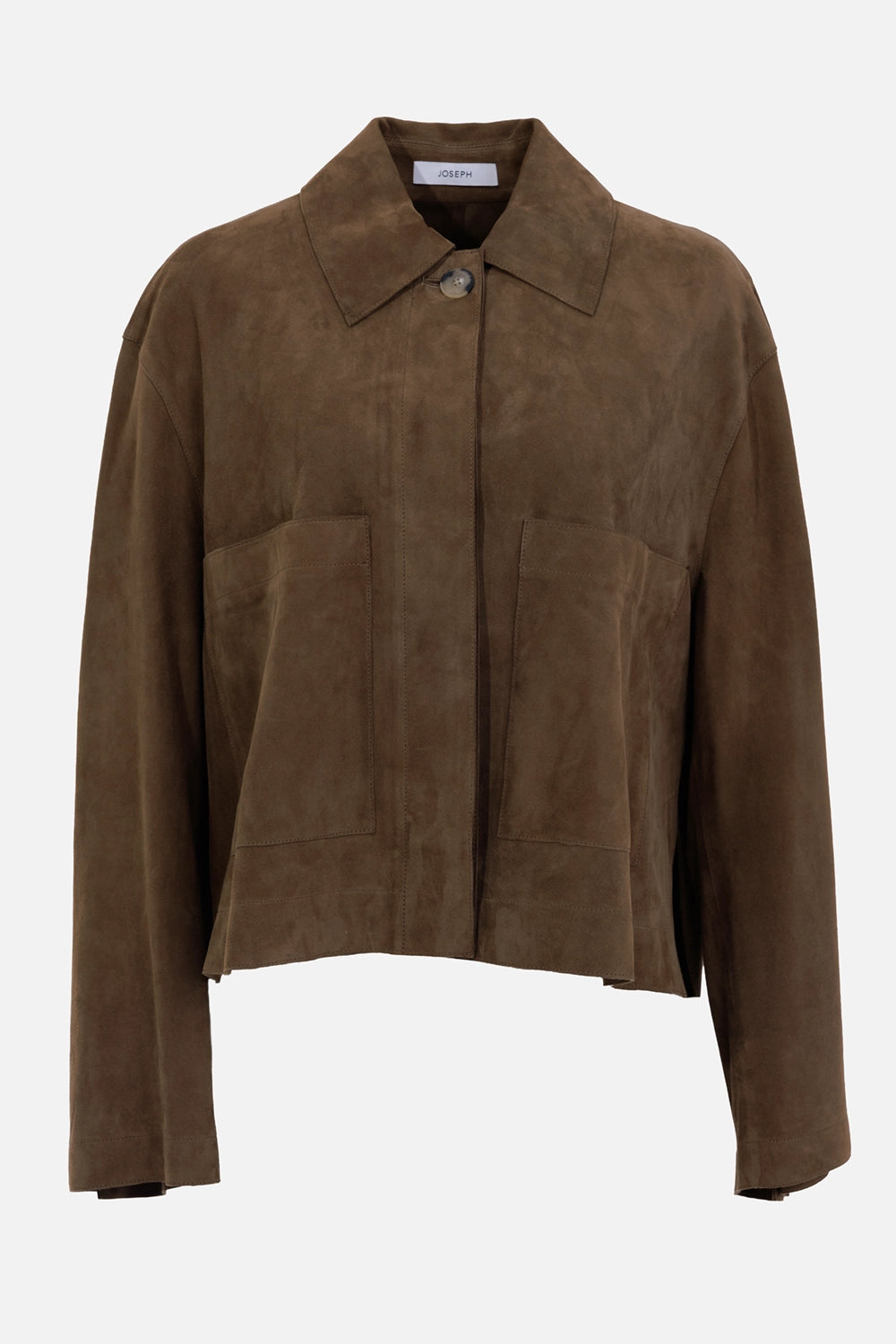 Joseph women's suede jacket in Taupe, front view, concealed fastening and large patch pockets
