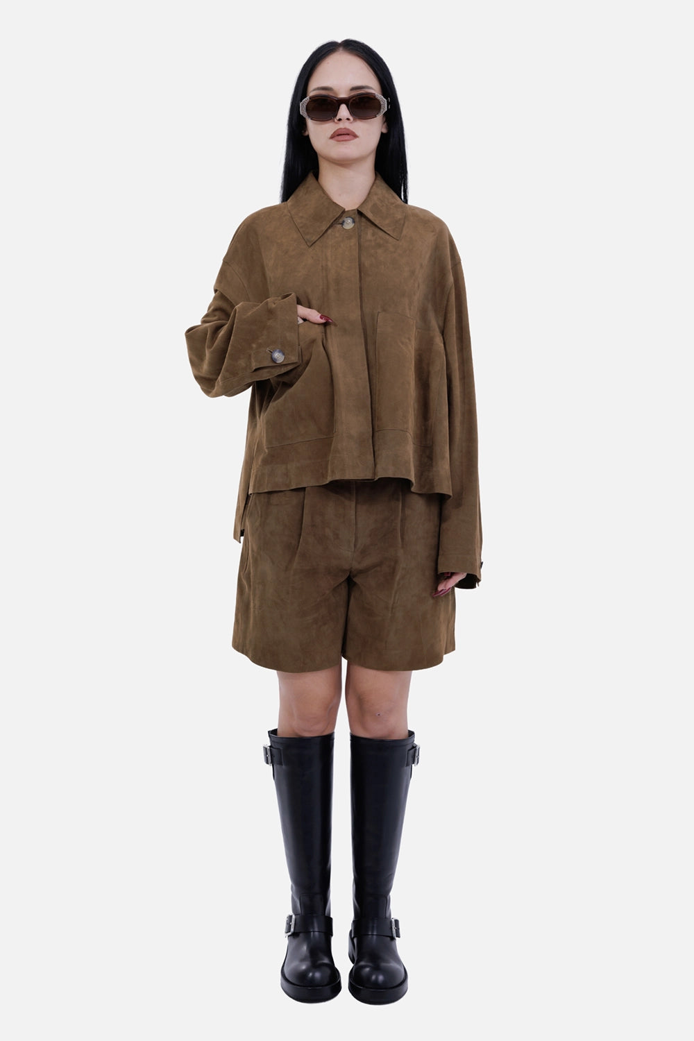 Joseph women's suede jacket in Taupe, full-length model view, oversized patch pockets and pointed collar