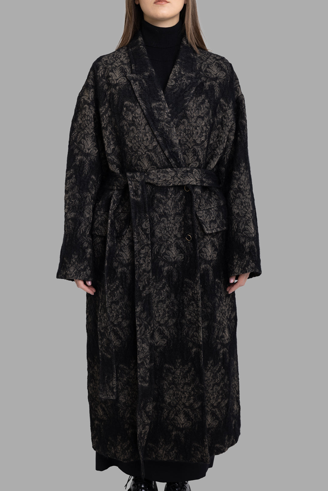 Uma Wang women's black tan jacquard Cicero coat, front view highlighting wrap front, belt and flap pockets.