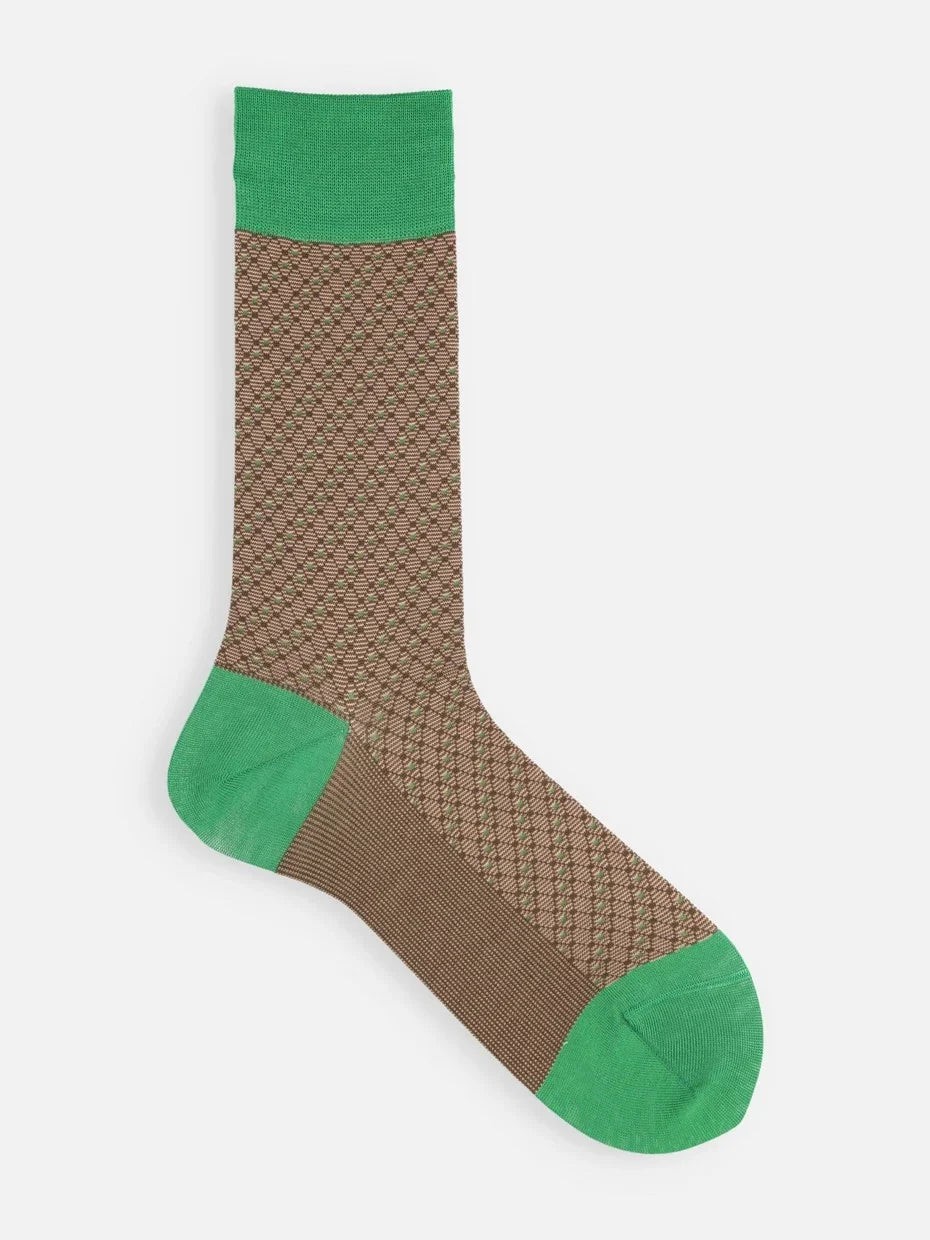 Tabio Jacquard Diamond Rhombus Socks in brown and green, side view showcasing textured mesh design.