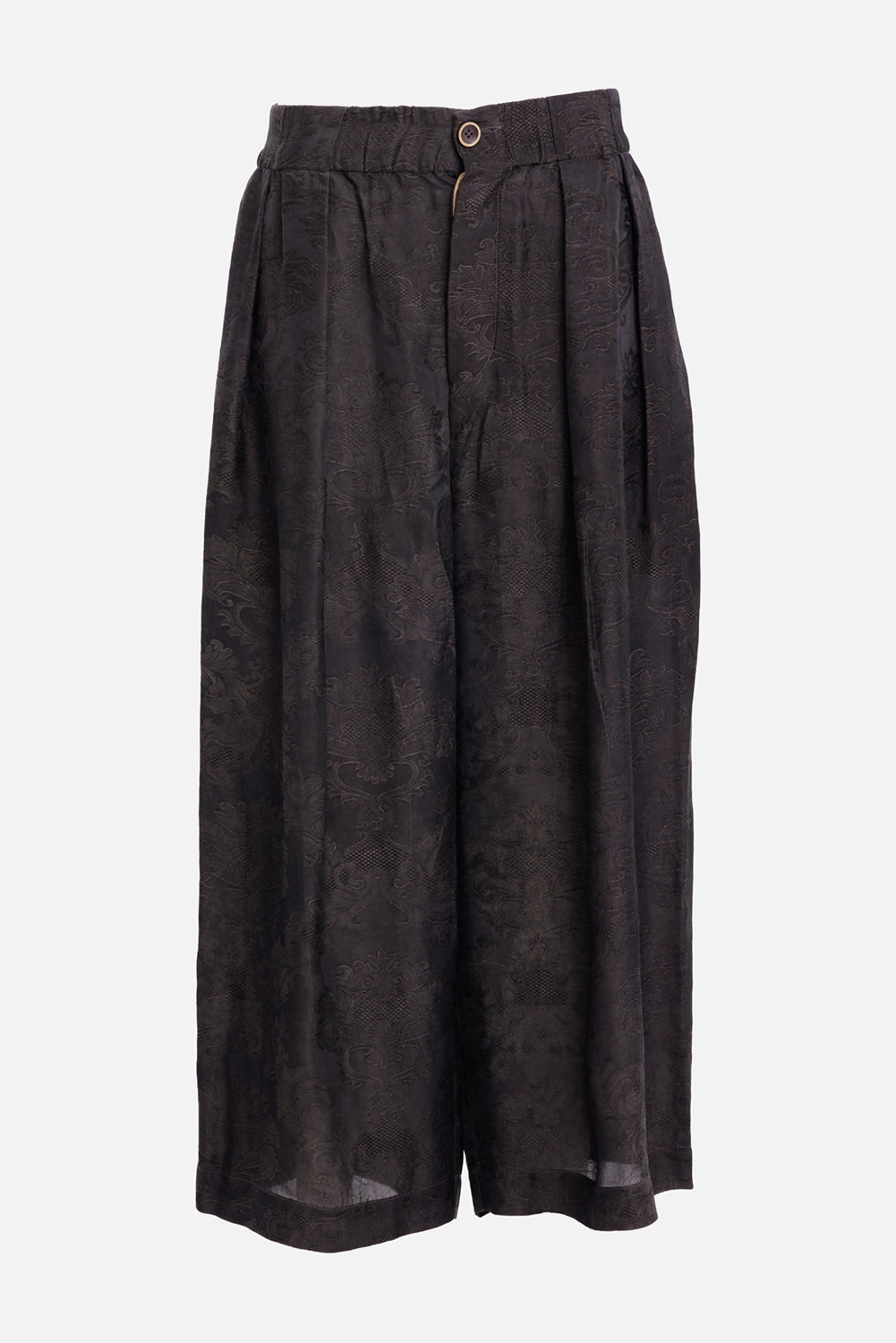 Uma Wang women's trousers in dark grey, front view with elasticated waist, button fastening and soft pleats