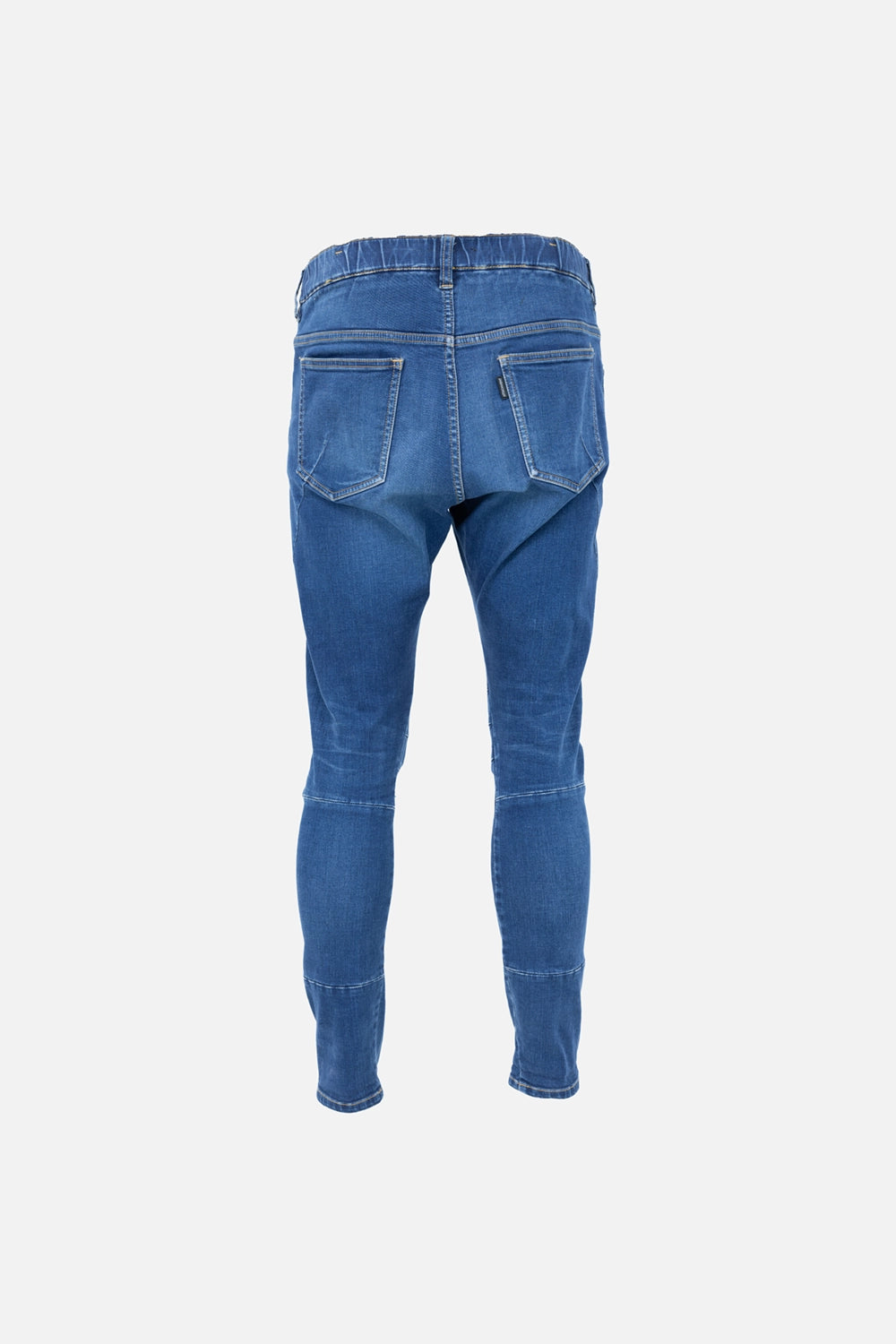 Pre-owned Attachment jeans in medium blue, back view, two patch pockets with tapered legs