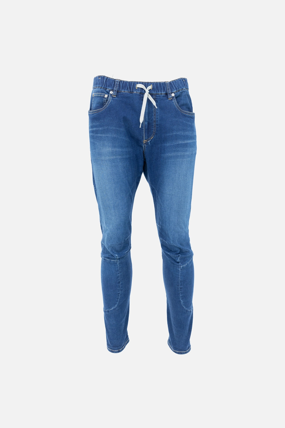 Pre-owned Attachment jeans in medium blue, front view, drawstring waistband with faded wash