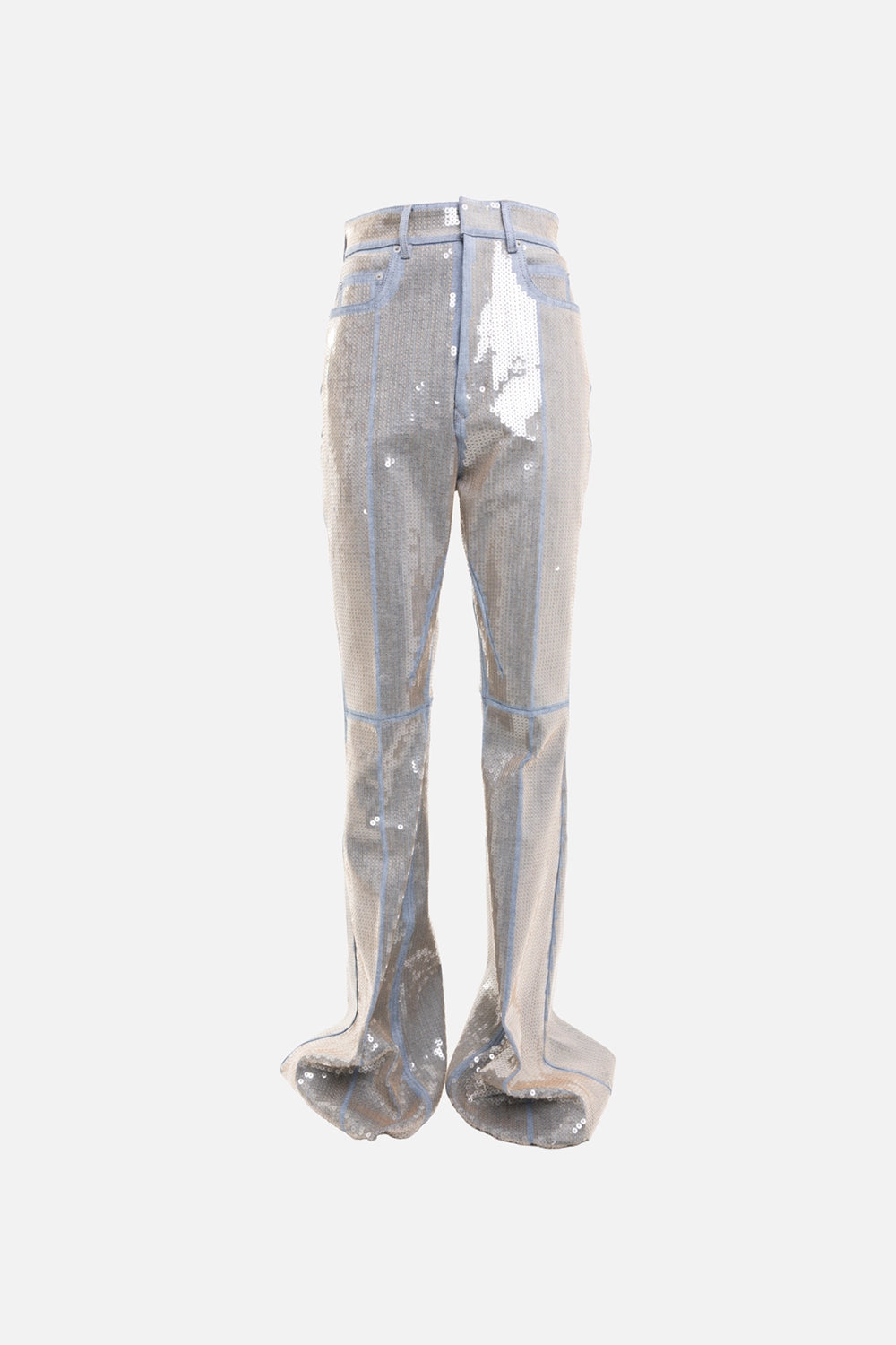 Rick Owens womens jeans in blue/sand, front view, five-pocket styling with sequin finish and flared leg