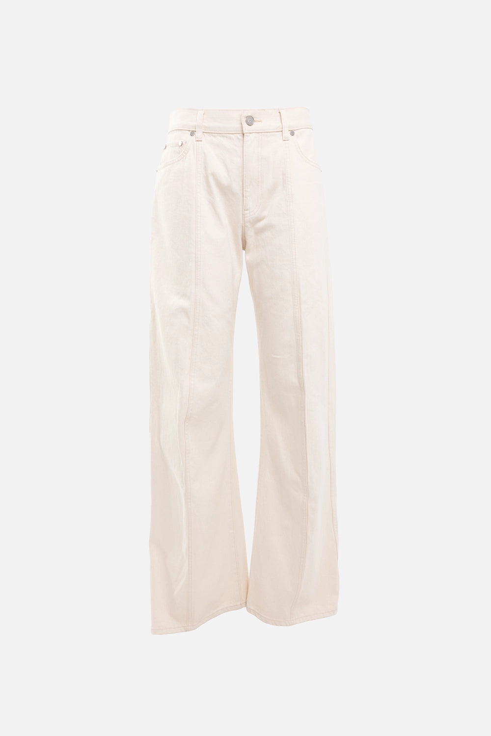 Helmut Lang women's jeans in ecru, front view, five-pocket design with front center-leg seams