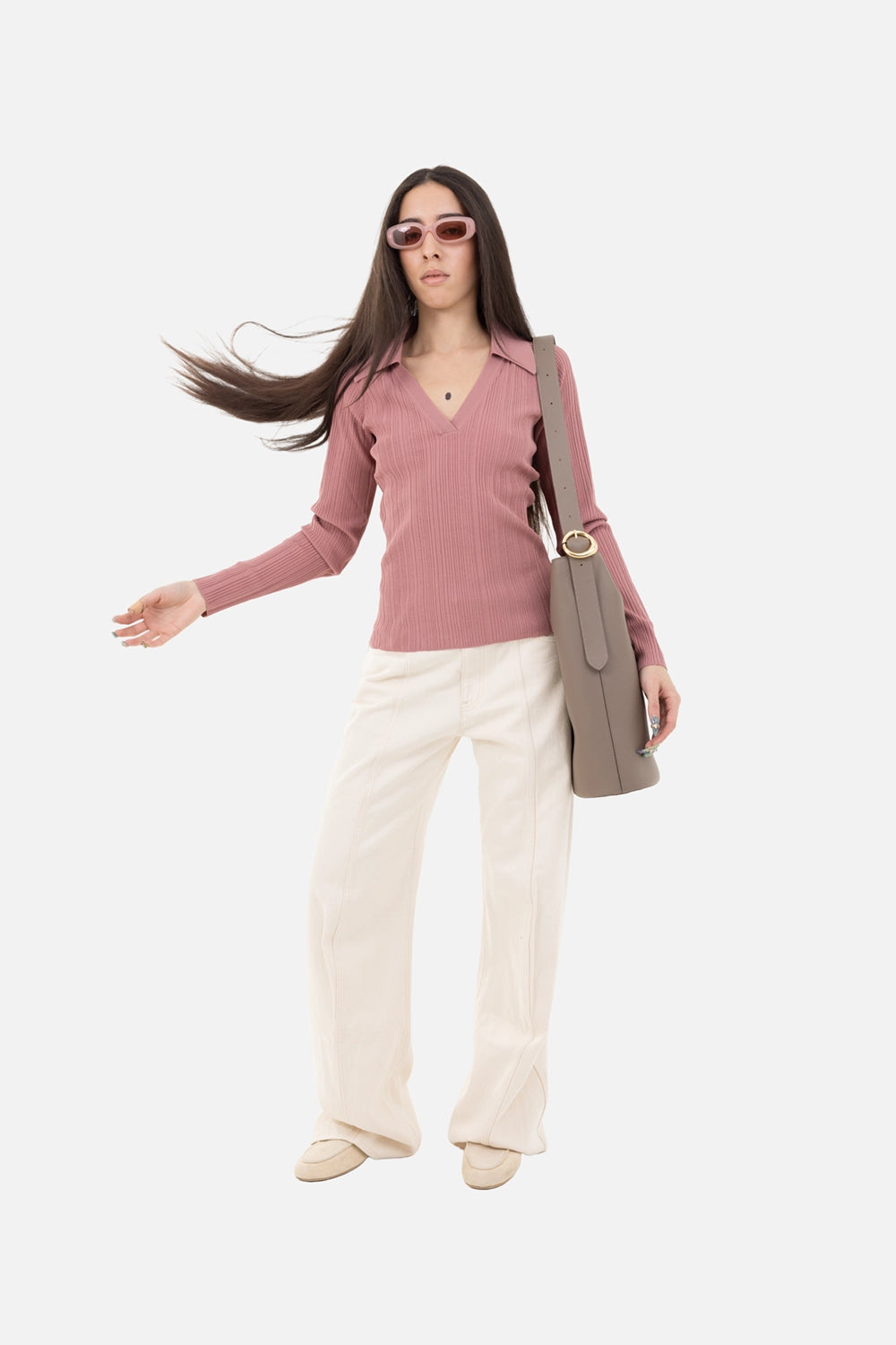 Helmut Lang women's jeans in ecru, on-model full-length, high-rise wide-leg with front center seams