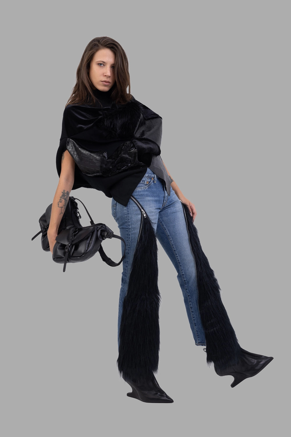 Junya Watanabe x Levi’s women’s jeans in indigo/black, on-model full length, long faux-fur panels and exposed zips