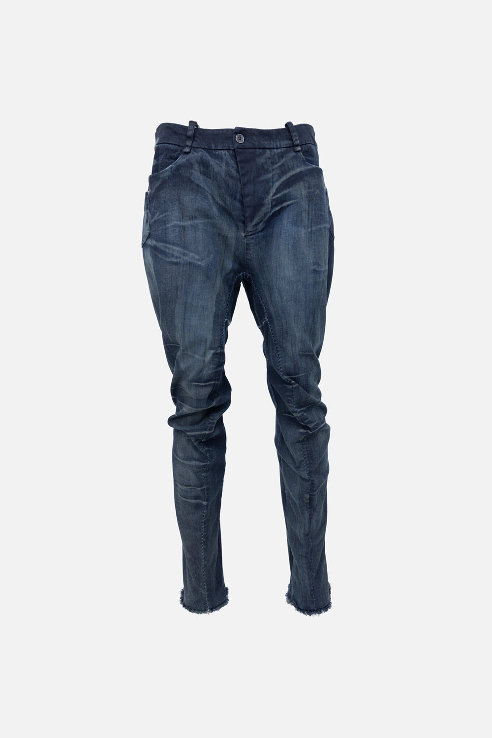 Pre-owned Masnada jeans in indigo, front view, washed finish with frayed hems
