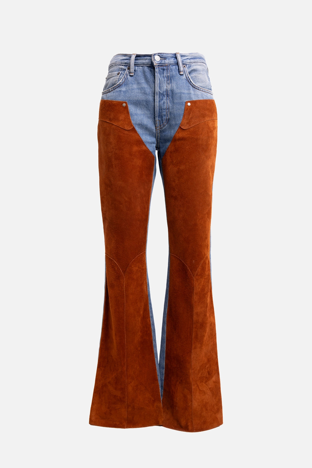 Pre-owned Acne Studios women's jeans in mid blue and brown, front view, brown suede contrast panels and button fly.