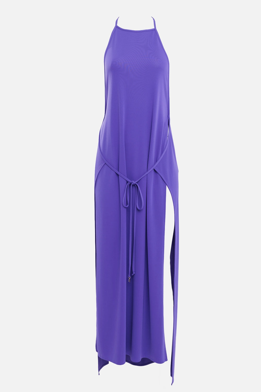 Fisico women jersey wrap maxi dress in Viola Persia, front view, halter neckline and waist tie