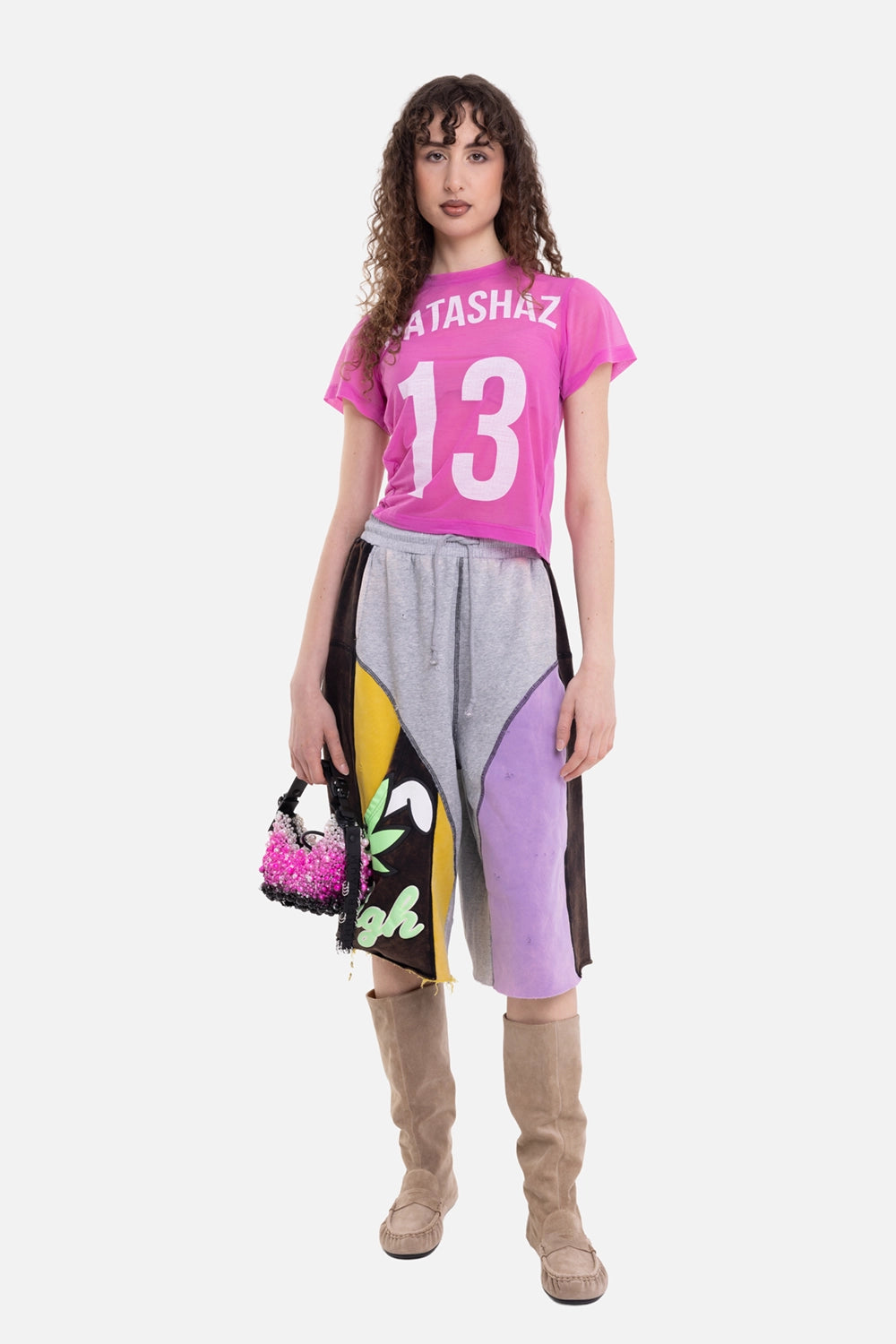 Natasha Zinko unisex jogger bermudas in multicolour, on-model full-length view, raw hem and knee-length fit