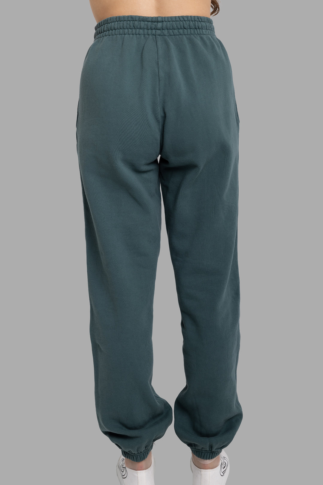 Anine Bing women's dark teal Karter jogger sweatpants, back view, gathered waistband and cuffed hems