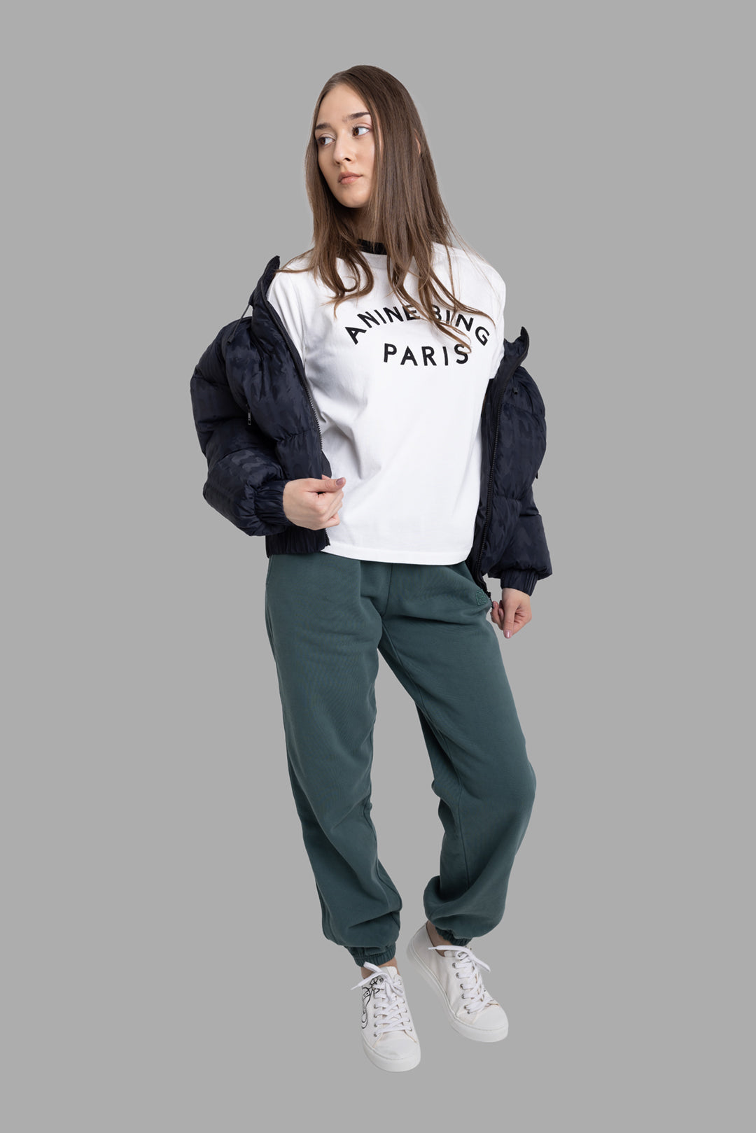 Anine Bing women's dark teal Karter jogger sweatpants, on-model full length, relaxed fit with elastic cuffs