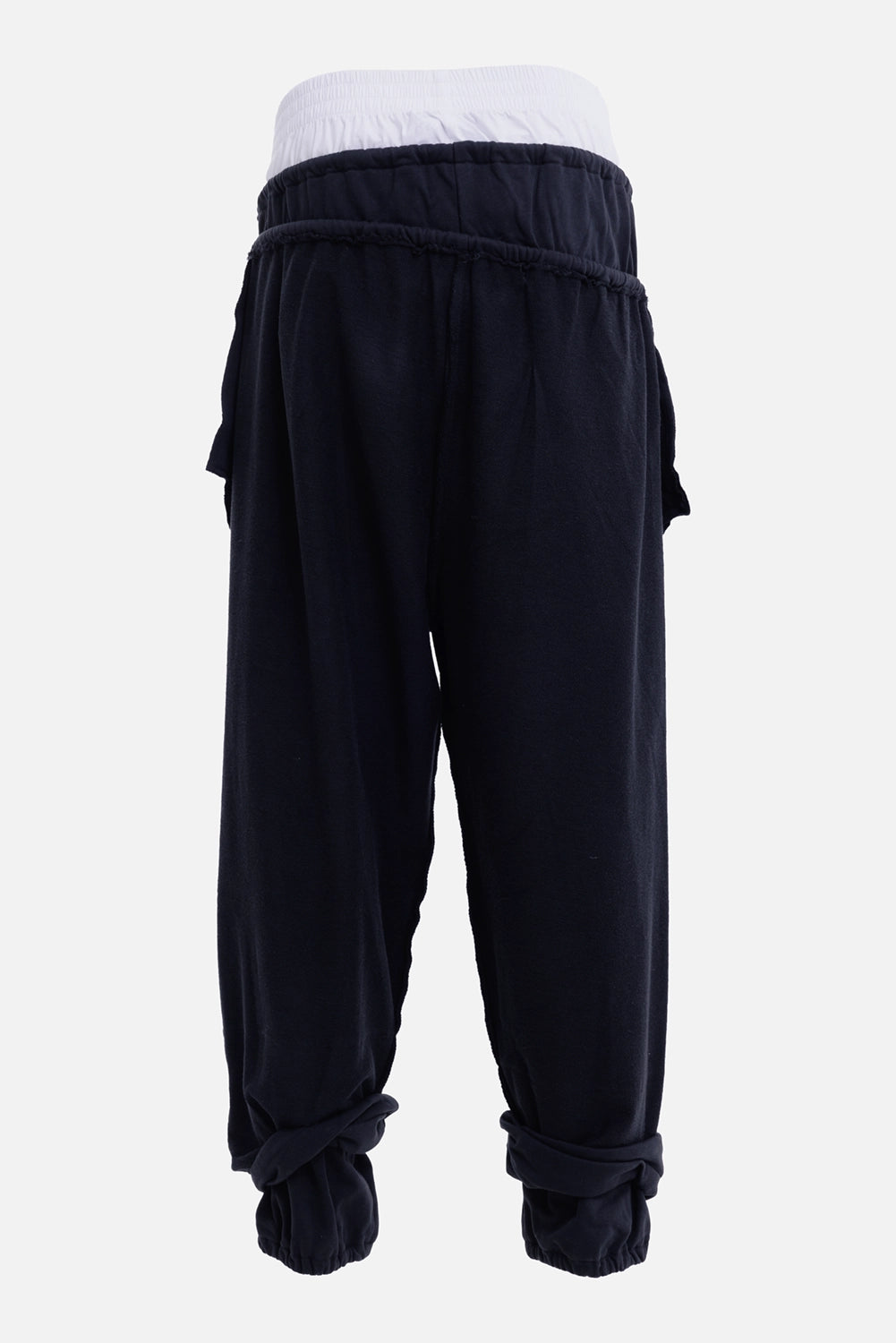 Natasha Zinko men's black joggers, back view with layered waist and gathered ankle cuffs