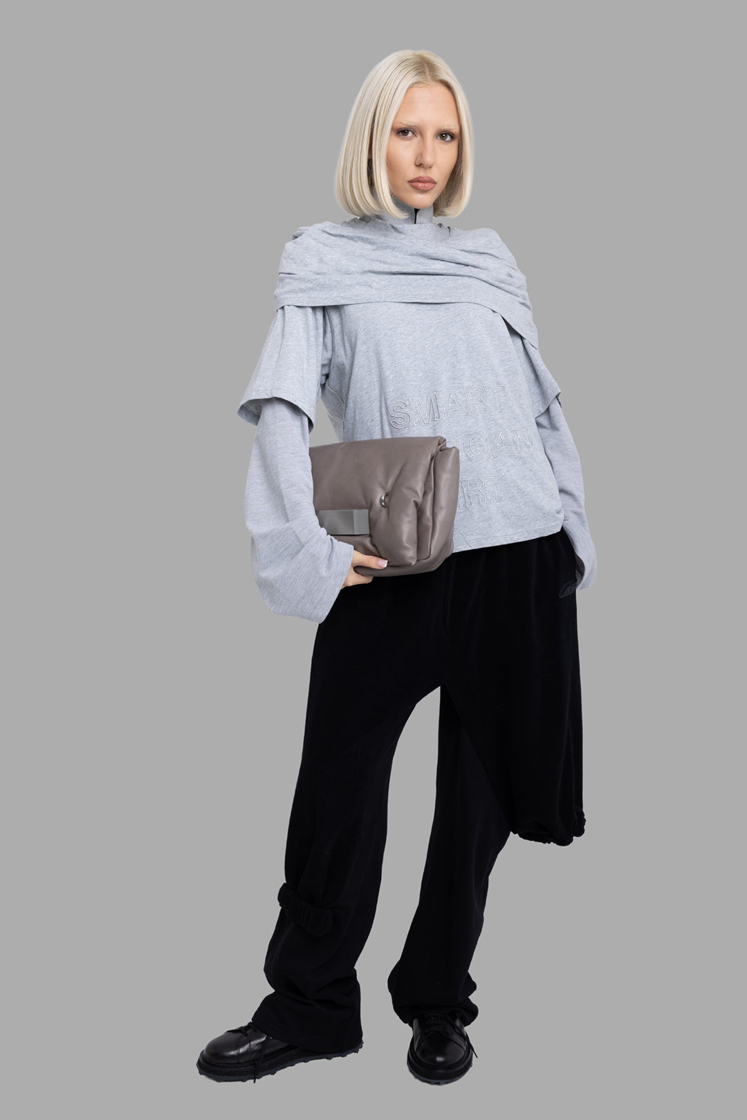 Natasha Zinko women joggers in black, on-model full length, asymmetric overlay leg and gathered cuffs