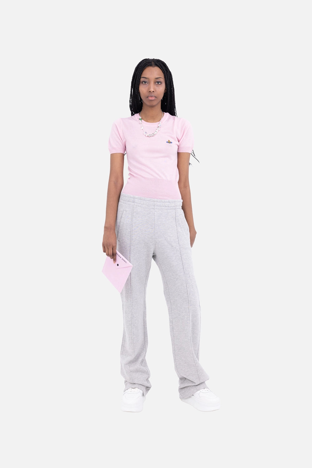 Zadig&Voltaire women joggers in light heather grey, on-model full length, straight wide-leg fit with pintuck seams