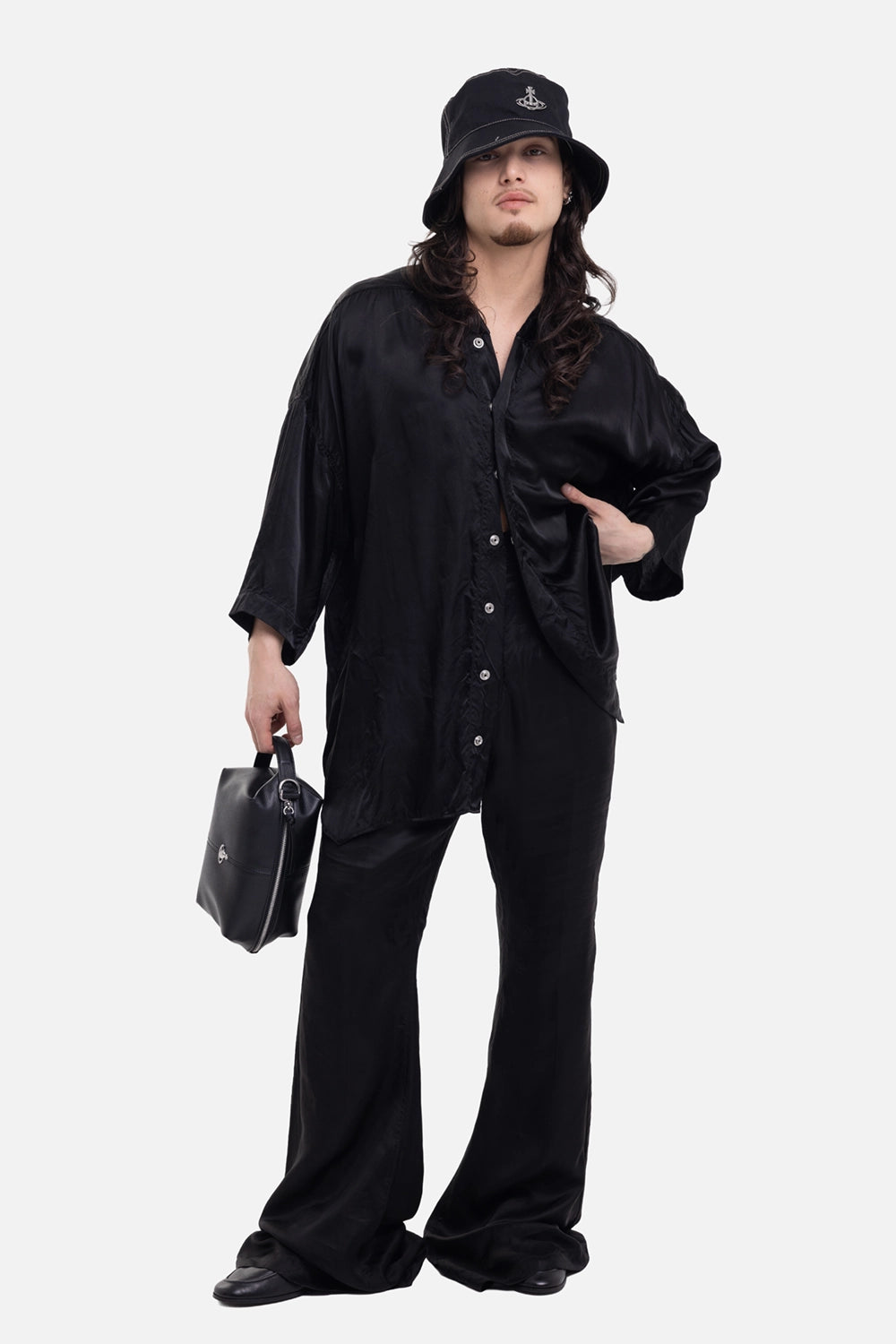 Rick Owens men's Jumbo Faun shirt in black, on-model full-length view, open snap front and wide sleeves