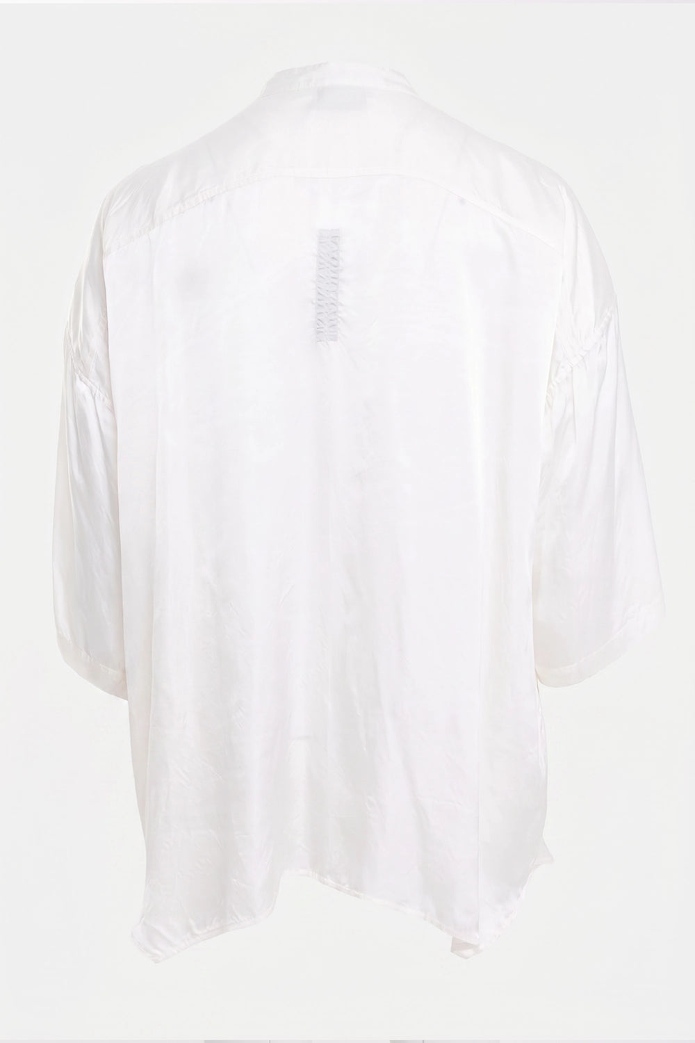 Rick Owens men's Jumbo Faun Shirt in Milk, back view with yoke seam, dropped shoulders and beveled hem