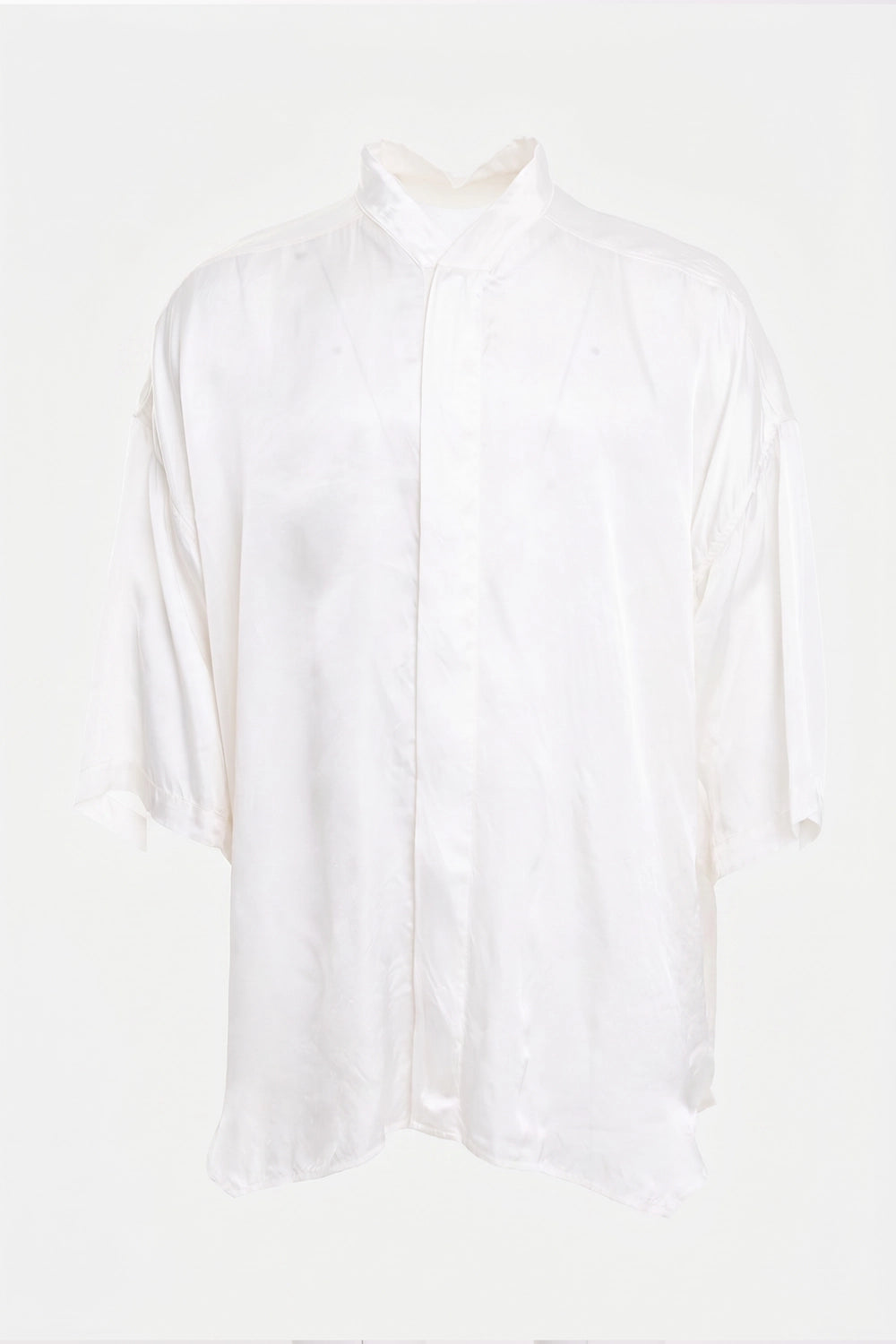 Rick Owens men's Jumbo Faun Shirt in Milk, front view with slight V-neck, flat collar and glossy satin drape