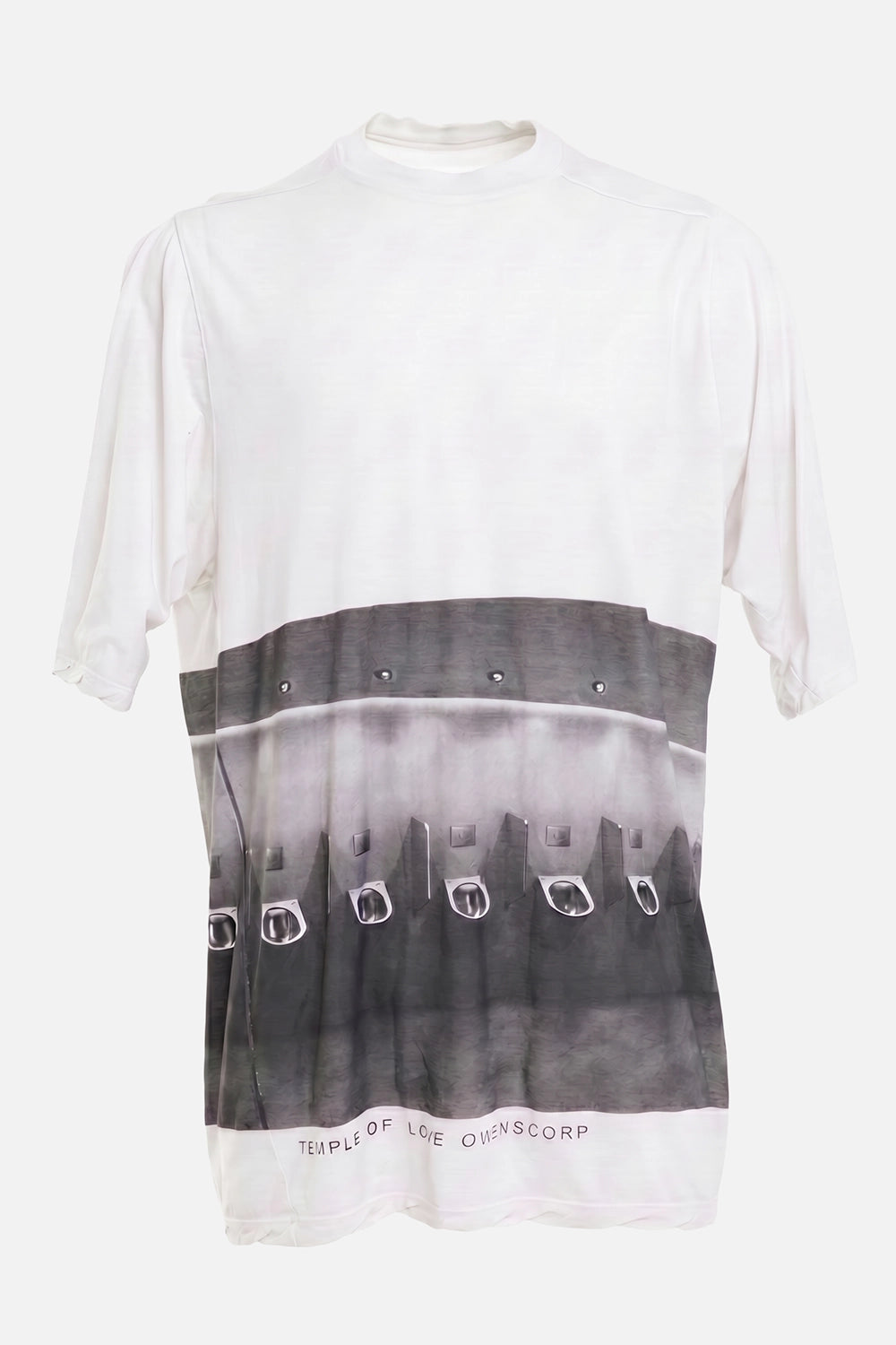 Rick Owens men's Jumbo Short-Sleeve T-Shirt in Milk Wash/Black, front view with urinal print and rolled cuffs