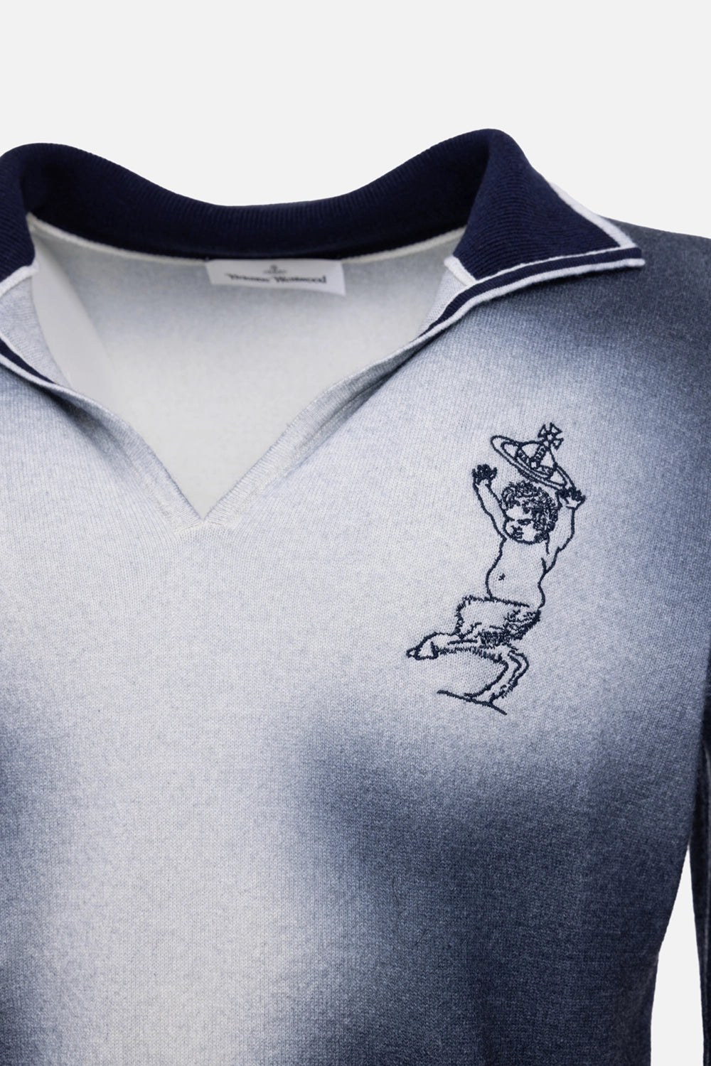 Vivienne Westwood men’s jumper in blue/white, logo detail, embroidered satyr motif with contrast striped collar