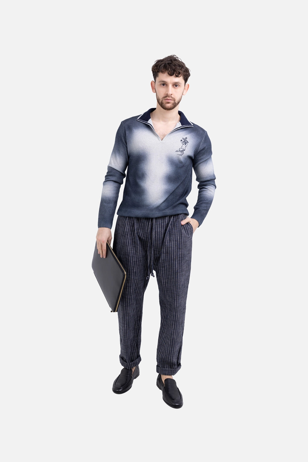 Vivienne Westwood men’s jumper in blue/white, on-model full length, polo collar with V-slit neckline