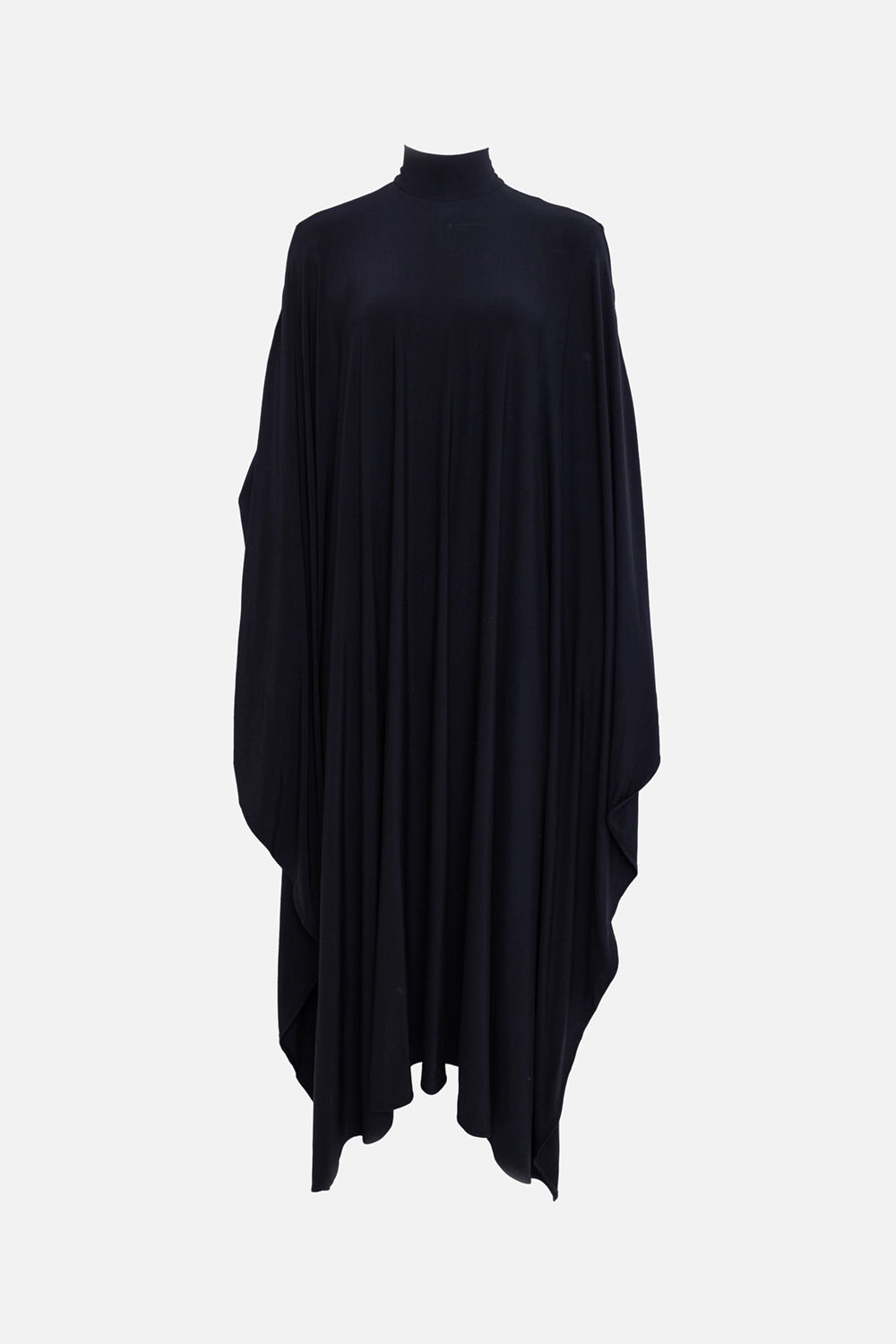 Pre-owned Balenciaga women's jumpsuit in black, front view, turtleneck neckline and cape-style drape.
