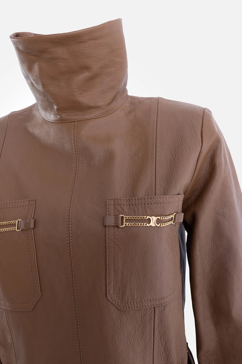 Pre-owned Celine jumpsuit in brown, chest detail view, patch pockets with gold-tone chain hardware