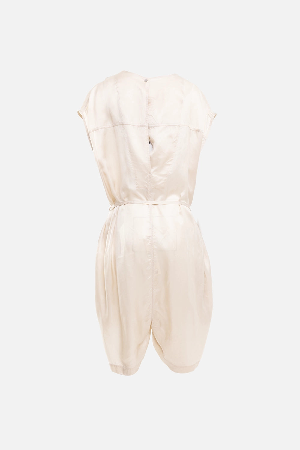 Rick Owens women's silk short jumpsuit in sand, back view full-length, deep V-neck with self-tie waist