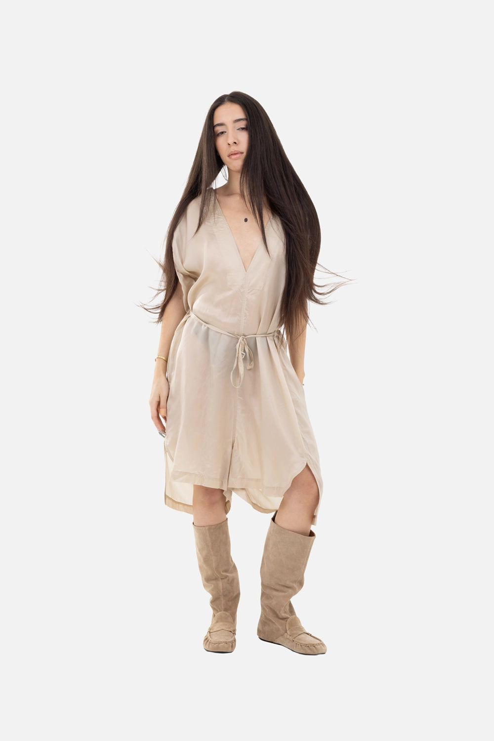 Rick Owens women's silk short jumpsuit in sand, on-model full-length, deep V-neck with self-tie waist