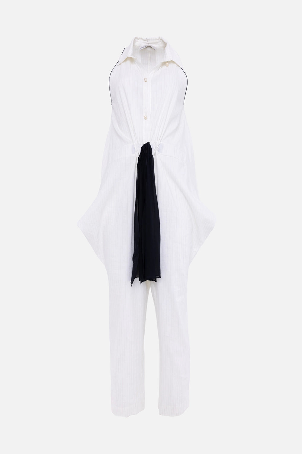Pre-owned Gentry Portofino women's jumpsuit in white, front view, pinstripe fabric and long black scarf tie