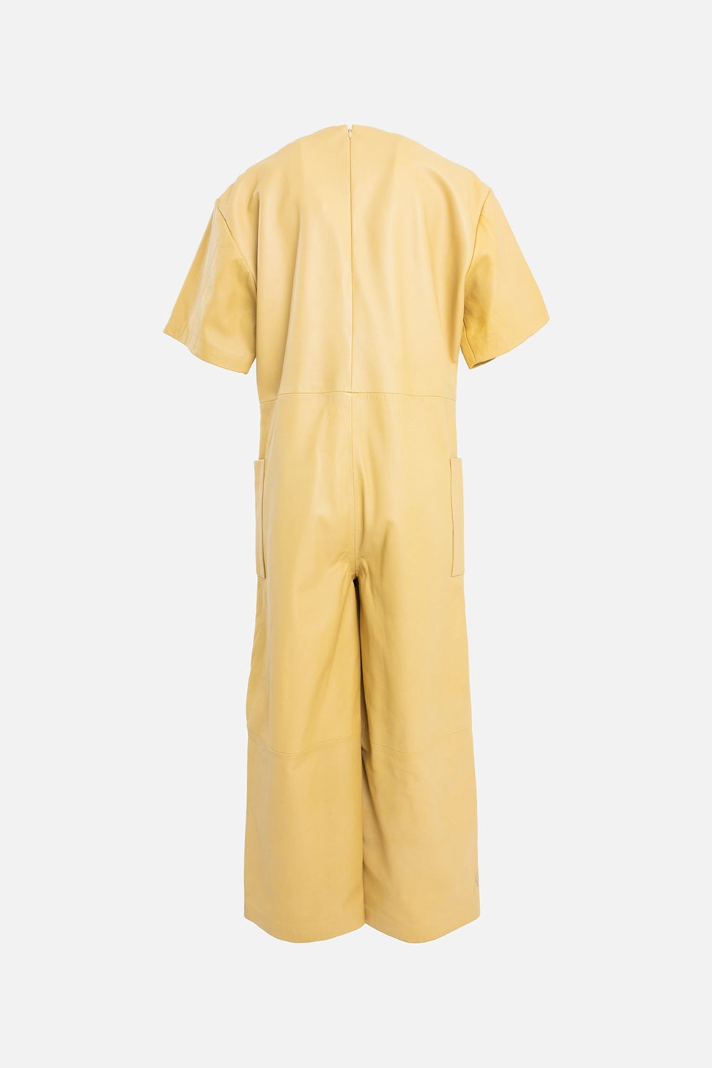 Pre-owned Remain Birger Christensen women's leather jumpsuit in yellow, back view, short sleeves and wide legs