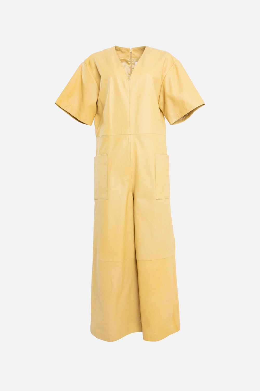 Pre-owned Remain Birger Christensen women's leather jumpsuit in yellow, front view, V-neck with oversized patch pockets