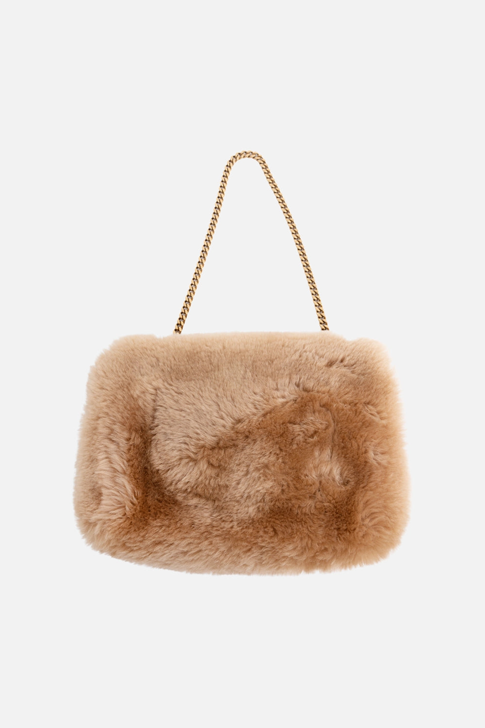 Pre-owned Saint Laurent women’s shoulder bag in camel, back view, shearling panel and gold chain strap